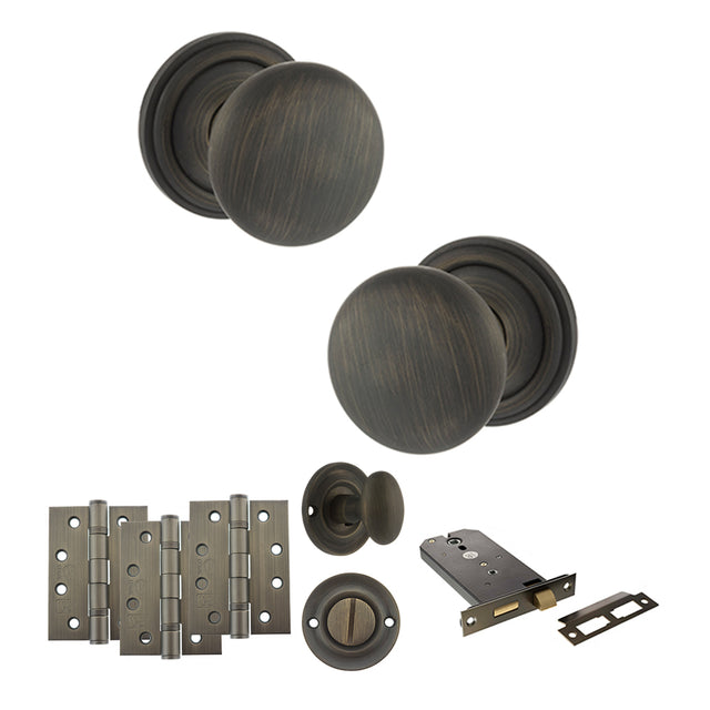 Quality image of Old English Harrogate Door Knob Pack (Lock Set - Horizontal Bathlock, 4" Fire Rated Hinges x3) - Urban Bronze | Sku. adpoe58mmkub72 | available from Trade Door Handles.