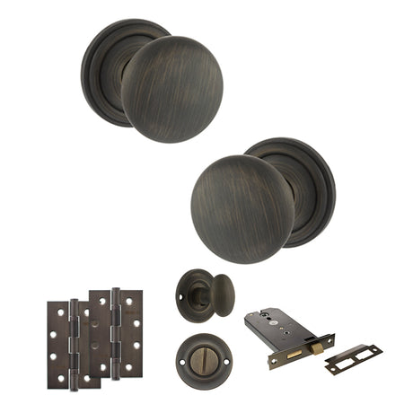 Quality image of Old English Harrogate Door Knob Pack (Lock Set - Horizontal Bathlock, 4" Slim Knuckle Hinges x2) - Urban Bronze | Sku. adpoe58mmkub74 | available from Trade Door Handles.