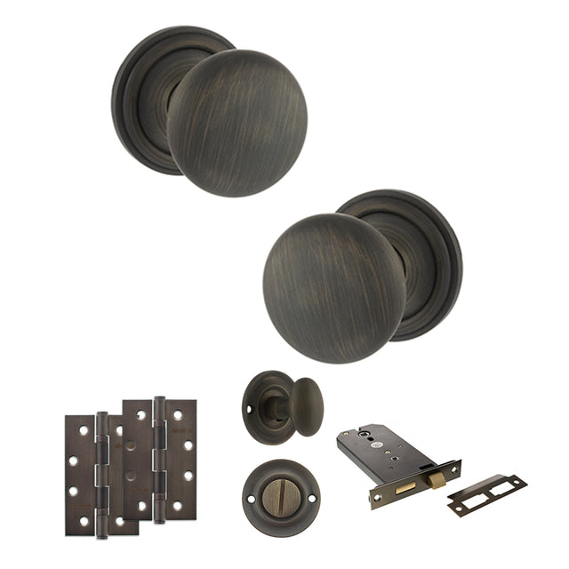 Quality image of Old English Harrogate Door Knob Pack (Lock Set - Horizontal Bathlock, 4" Slim Knuckle Hinges x2) - Urban Bronze | Sku. adpoe58mmkub74 | available from Trade Door Handles.
