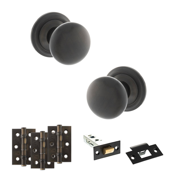 Quality image of Old English Harrogate Door Knob Pack (Latch Set - 4" HD Latch, 3" Fire Rated Hinges x3) - Urban Dark Bronze | Sku. adpoe58mmkudb55 | available from Trade Door Handles.