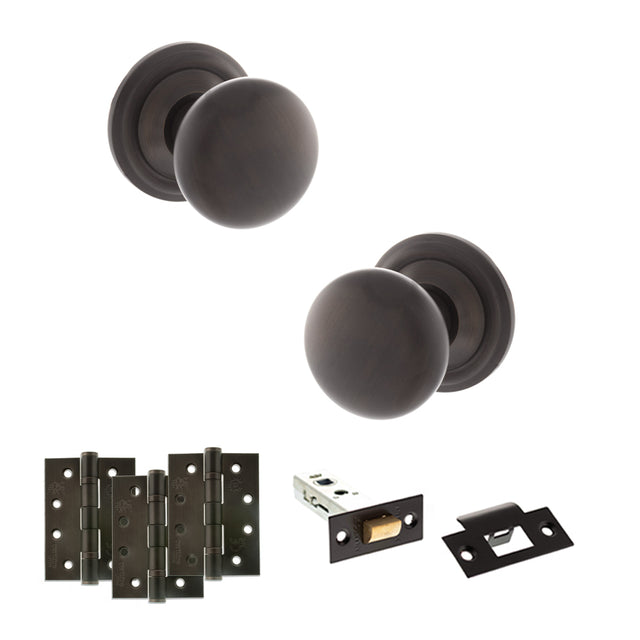 Quality image of Old English Harrogate Door Knob Pack (Latch Set - 4" HD Latch, 4" Fire Rated Hinges x3) - Urban Dark Bronze | Sku. adpoe58mmkudb57 | available from Trade Door Handles.