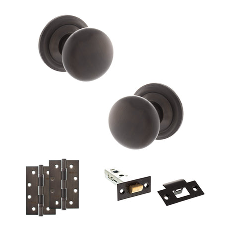 Quality image of Old English Harrogate Door Knob Pack (Latch Set - 3" HD Latch, 4" Slim Knuckle Hinges x2) - Urban Dark Bronze | Sku. adpoe58mmkudb58 | available from Trade Door Handles.
