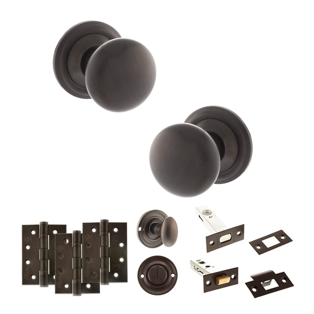 Quality image of Old English Harrogate Door Knob Pack (Bathroom Set - 4" Deadbolt, 4" Fire Rated Hinges x3) - Urban Dark Bronze | Sku. adpoe58mmkudb63 | available from Trade Door Handles.