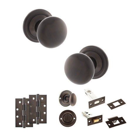 Quality image of Old English Harrogate Door Knob Pack (Bathroom Set - 3" Deadbolt, 4" Slim Knuckle Hinges x2) - Urban Dark Bronze | Sku. adpoe58mmkudb64 | available from Trade Door Handles.