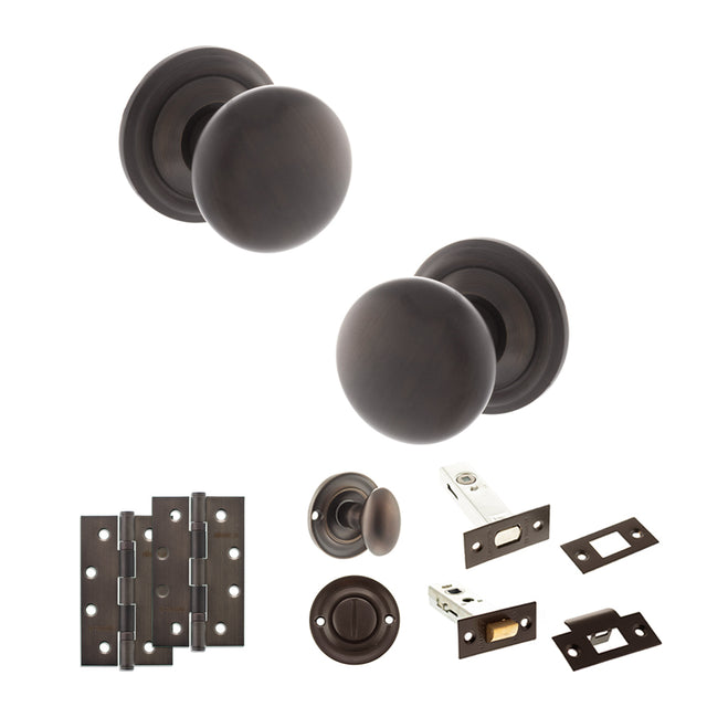 Quality image of Old English Harrogate Door Knob Pack (Bathroom Set - 3" Deadbolt, 4" Slim Knuckle Hinges x2) - Urban Dark Bronze | Sku. adpoe58mmkudb64 | available from Trade Door Handles.