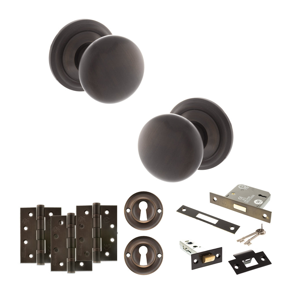 Quality image of Old English Harrogate Door Knob Pack (Lock Set - 3" Latch & Deadlock, 4" Fire Rated Hinges x3) - Urban Dark Bronze | Sku. adpoe58mmkudb67 | available from Trade Door Handles.