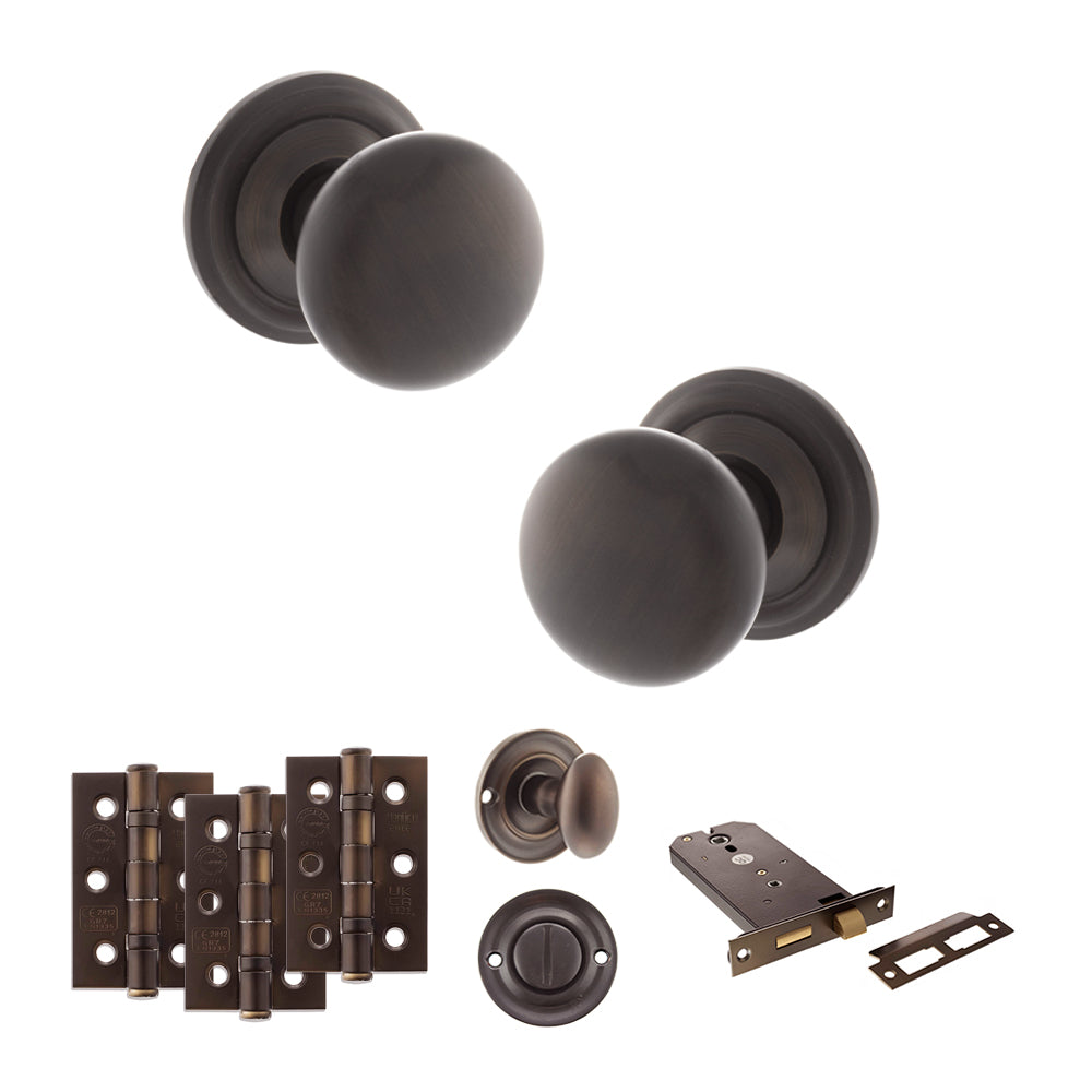 Quality image of Old English Harrogate Door Knob Pack (Lock Set - Horizontal Bathlock, 3" Fire Rated Hinges x3) - Urban Dark Bronze | Sku. adpoe58mmkudb70 | available from Trade Door Handles.
