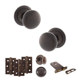 Quality image of Old English Harrogate Door Knob Pack (Lock Set - Horizontal Bathlock, 3" Fire Rated Hinges x3) - Urban Dark Bronze | Sku. adpoe58mmkudb70 | available from Trade Door Handles.