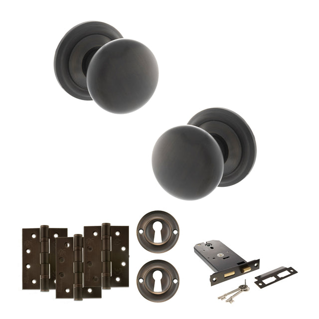 Quality image of Old English Harrogate Door Knob Pack (Lock Set - Horizontal Sashlock, 4" Fire Rated Hinges x3) - Urban Dark Bronze | Sku. adpoe58mmkudb71 | available from Trade Door Handles.