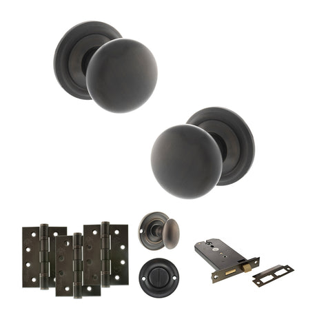 Quality image of Old English Harrogate Door Knob Pack (Lock Set - Horizontal Bathlock, 4" Fire Rated Hinges x3) - Urban Dark Bronze | Sku. adpoe58mmkudb72 | available from Trade Door Handles.