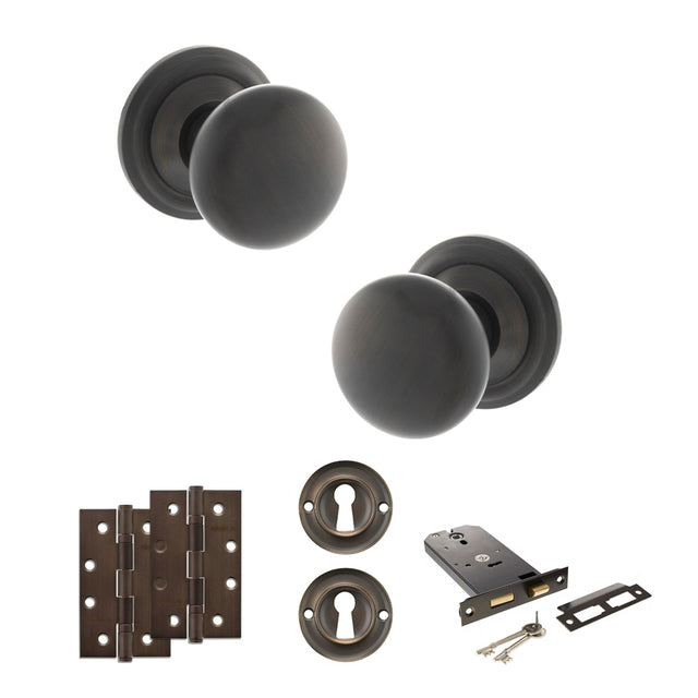 Quality image of Old English Harrogate Door Knob Pack (Lock Set - Horizontal Sashlock, 4" Slim Knuckle Hinges x2) - Urban Dark Bronze | Sku. adpoe58mmkudb73 | available from Trade Door Handles.