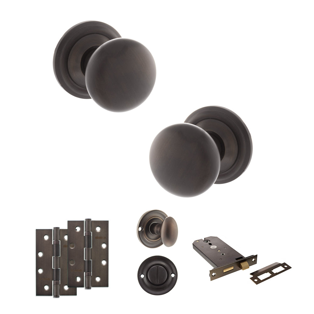 Quality image of Old English Harrogate Door Knob Pack (Lock Set - Horizontal Bathlock, 4" Slim Knuckle Hinges x2) - Urban Dark Bronze | Sku. adpoe58mmkudb74 | available from Trade Door Handles.