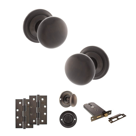 Quality image of Old English Harrogate Door Knob Pack (Lock Set - Horizontal Bathlock, 4" Slim Knuckle Hinges x2) - Urban Dark Bronze | Sku. adpoe58mmkudb74 | available from Trade Door Handles.