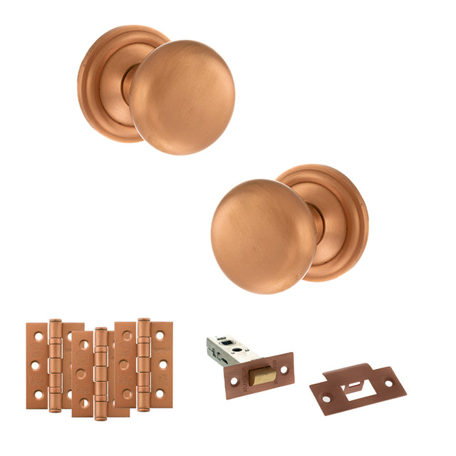 Quality image of Old English Harrogate Door Knob Pack (Latch Set - 4" HD Latch, 3" Fire Rated Hinges x3) - Urban Satin Copper | Sku. adpoe58mmkusc55 | available from Trade Door Handles.