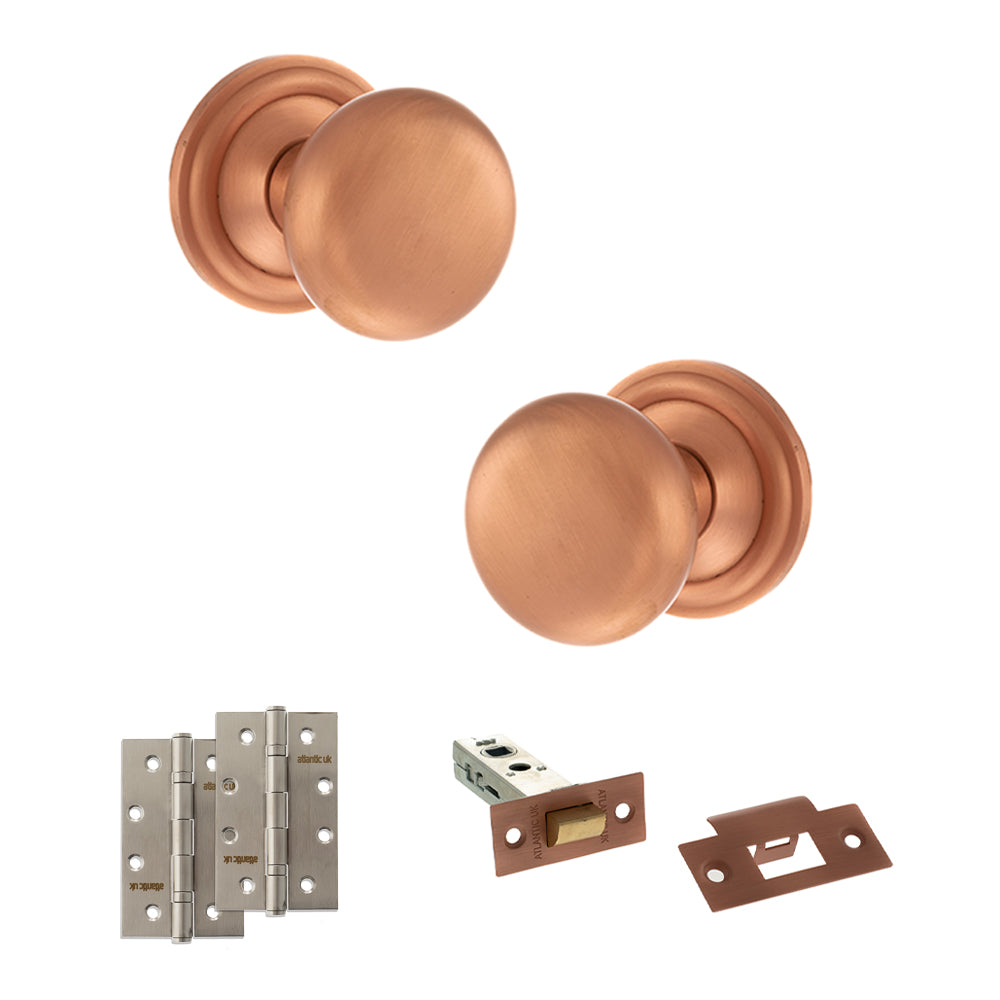 Quality image of Old English Harrogate Door Knob Pack (Latch Set - 4" HD Latch, 4" Slim Knuckle Hinges x2) - Urban Satin Copper | Sku. adpoe58mmkusc59 | available from Trade Door Handles.