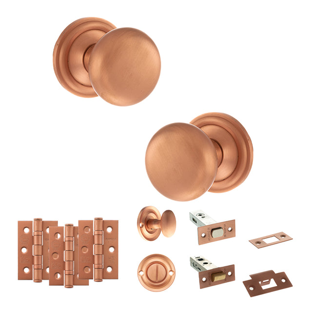 Quality image of Old English Harrogate Door Knob Pack (Bathroom Set - 3" Deadbolt, 3" Fire Rated Hinges x3) - Urban Satin Copper | Sku. adpoe58mmkusc60 | available from Trade Door Handles.