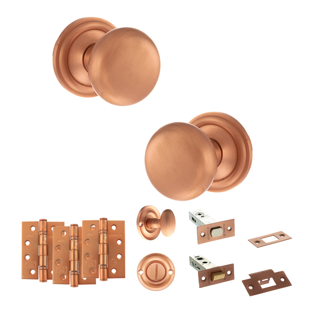 Quality image of Old English Harrogate Door Knob Pack (Bathroom Set - 4" Deadbolt, 4" Fire Rated Hinges x3) - Urban Satin Copper | Sku. adpoe58mmkusc63 | available from Trade Door Handles.
