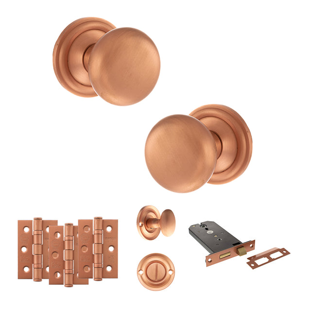 Quality image of Old English Harrogate Door Knob Pack (Lock Set - Horizontal Bathlock, 3" Fire Rated Hinges x3) - Urban Satin Copper | Sku. adpoe58mmkusc70 | available from Trade Door Handles.