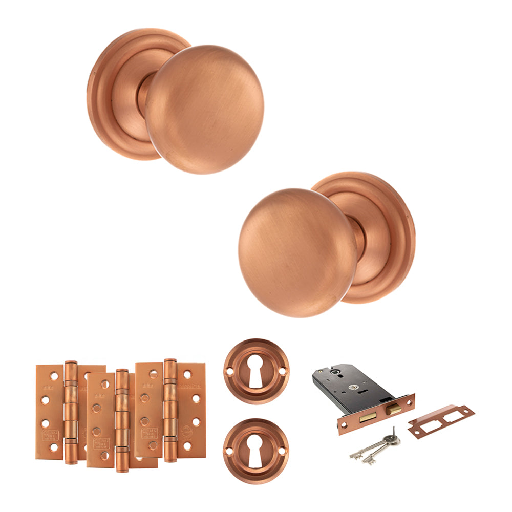Quality image of Old English Harrogate Door Knob Pack (Lock Set - Horizontal Sashlock, 4" Fire Rated Hinges x3) - Urban Satin Copper | Sku. adpoe58mmkusc71 | available from Trade Door Handles.