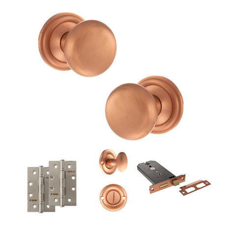 Quality image of Old English Harrogate Door Knob Pack (Lock Set - Horizontal Bathlock, 4" Slim Knuckle Hinges x2) - Urban Satin Copper | Sku. adpoe58mmkusc74 | available from Trade Door Handles.