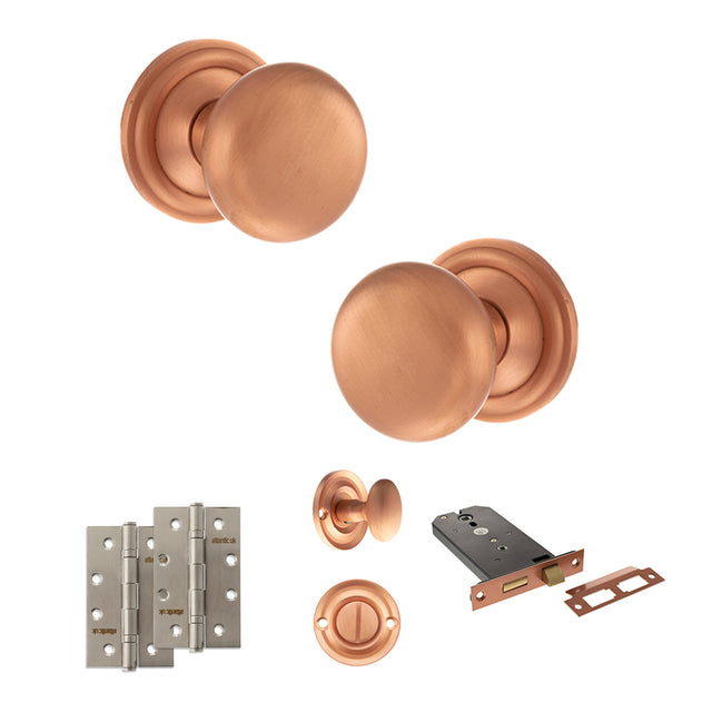 Quality image of Old English Harrogate Door Knob Pack (Lock Set - Horizontal Bathlock, 4" Slim Knuckle Hinges x2) - Urban Satin Copper | Sku. adpoe58mmkusc74 | available from Trade Door Handles.