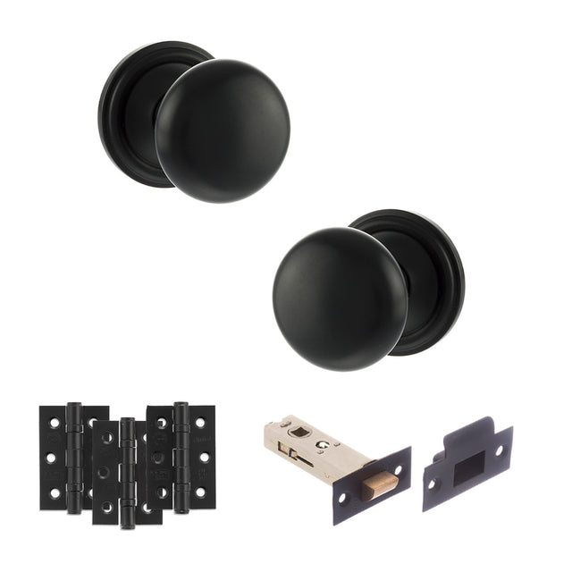 Quality image of Old English Harrogate Door Knob Pack (Latch Set - 4" HD Latch, 3" Fire Rated Hinges x3) - Matt Black | Sku. adpoe58mmkmb55 | available from Trade Door Handles.