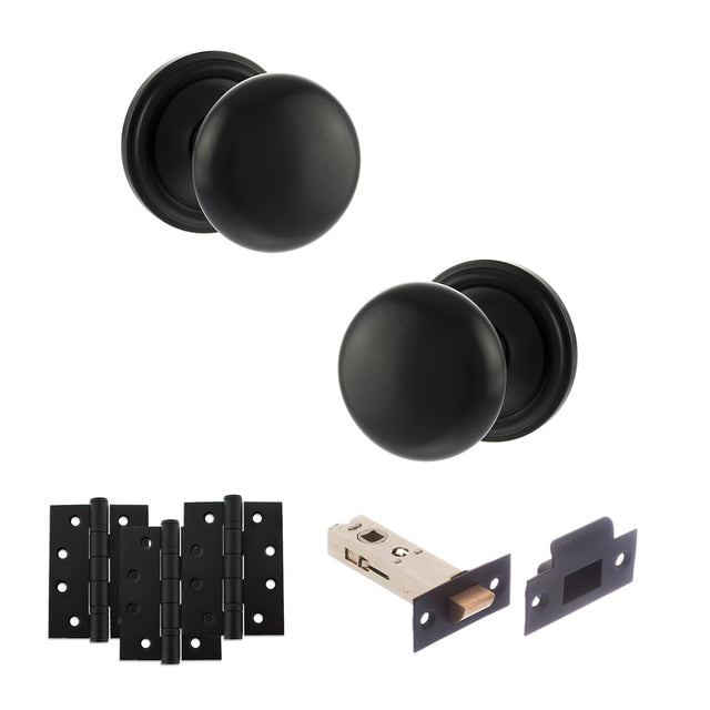 Quality image of Old English Harrogate Door Knob Pack (Latch Set - 3" HD Latch, 4" Fire Rated Hinges x3) - Matt Black | Sku. adpoe58mmkmb56 | available from Trade Door Handles.