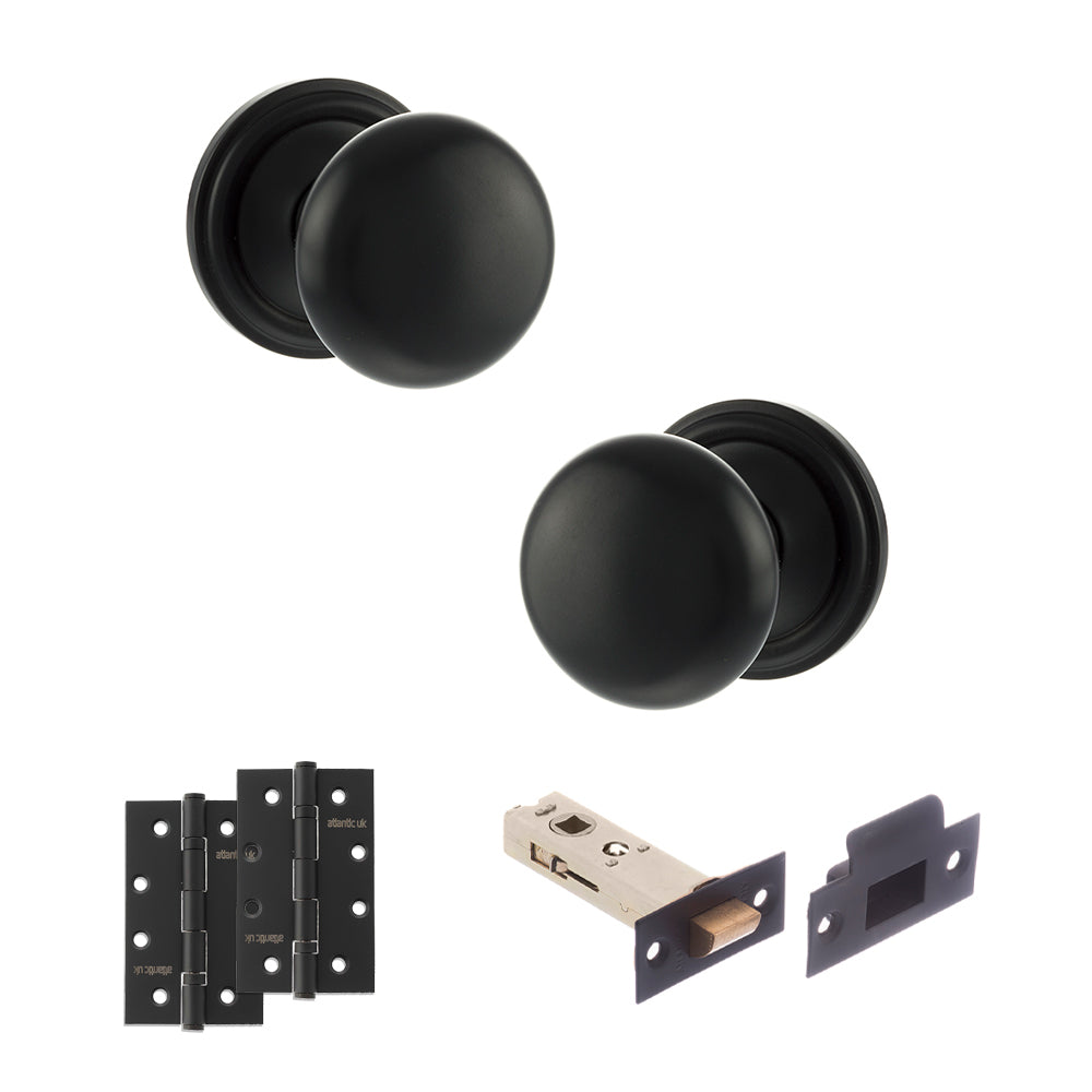 Quality image of Old English Harrogate Door Knob Pack (Latch Set - 4" HD Latch, 4" Slim Knuckle Hinges x2) - Matt Black | Sku. adpoe58mmkmb59 | available from Trade Door Handles.