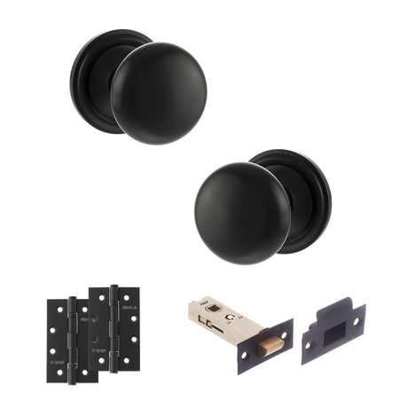 Quality image of Old English Harrogate Door Knob Pack (Latch Set - 4" HD Latch, 4" Slim Knuckle Hinges x2) - Matt Black | Sku. adpoe58mmkmb59 | available from Trade Door Handles.