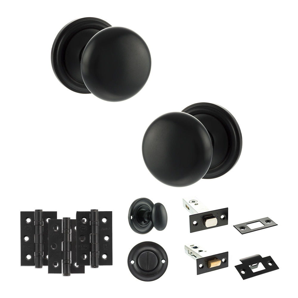 Quality image of Old English Harrogate Door Knob Pack (Bathroom Set - 3" Deadbolt, 3" Fire Rated Hinges x3) - Matt Black | Sku. adpoe58mmkmb60 | available from Trade Door Handles.