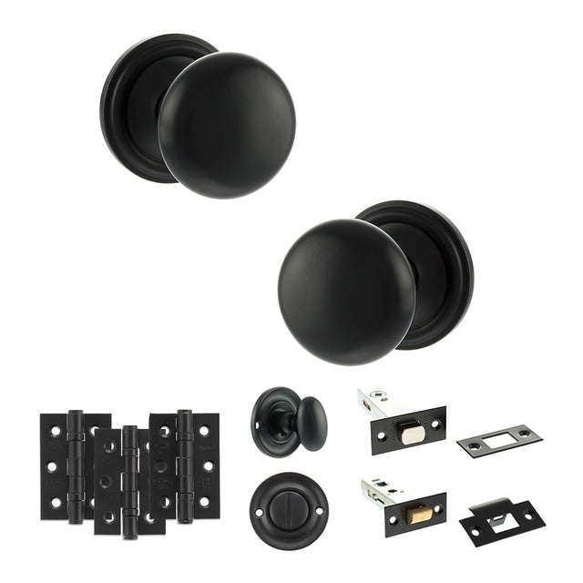 Quality image of Old English Harrogate Door Knob Pack (Bathroom Set - 3" Deadbolt, 3" Fire Rated Hinges x3) - Matt Black | Sku. adpoe58mmkmb60 | available from Trade Door Handles.