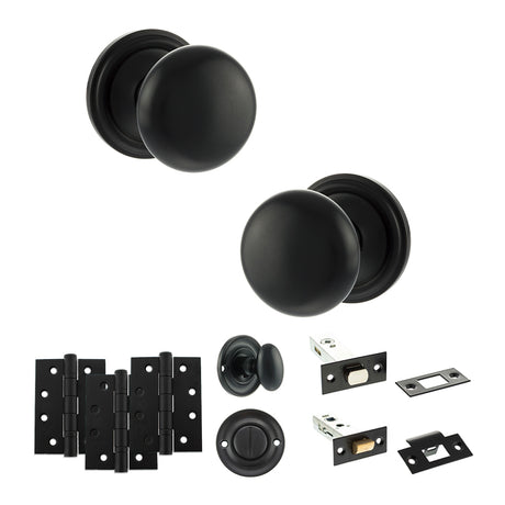 Quality image of Old English Harrogate Door Knob Pack (Bathroom Set - 3" Deadbolt, 4" Fire Rated Hinges x3) - Matt Black | Sku. adpoe58mmkmb62 | available from Trade Door Handles.