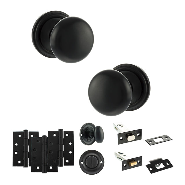 Quality image of Old English Harrogate Door Knob Pack (Bathroom Set - 4" Deadbolt, 4" Fire Rated Hinges x3) - Matt Black | Sku. adpoe58mmkmb63 | available from Trade Door Handles.