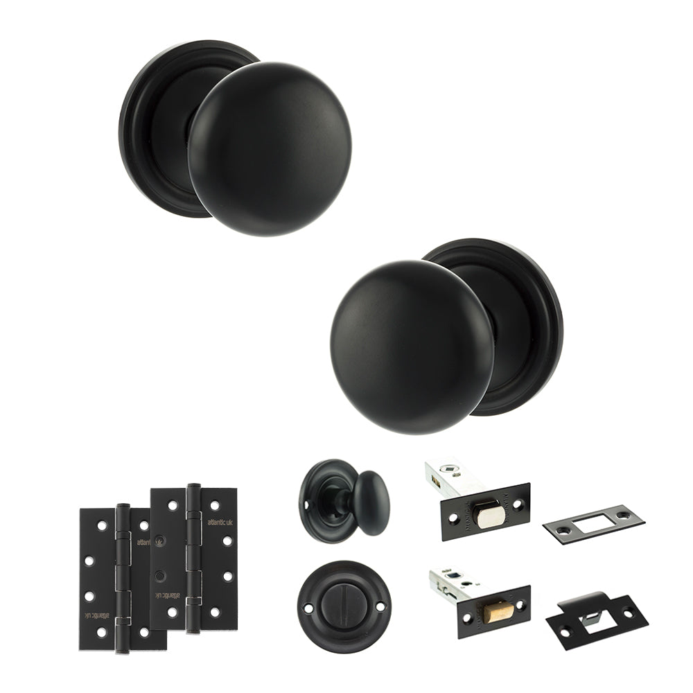 Quality image of Old English Harrogate Door Knob Pack (Bathroom Set - 4" Deadbolt, 4" Slim Knuckle Hinges x2) - Matt Black | Sku. adpoe58mmkmb65 | available from Trade Door Handles.