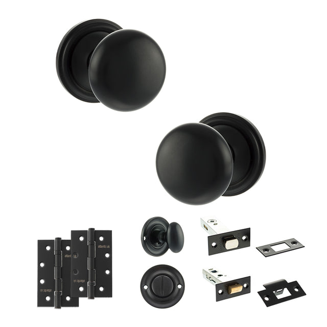 Quality image of Old English Harrogate Door Knob Pack (Bathroom Set - 4" Deadbolt, 4" Slim Knuckle Hinges x2) - Matt Black | Sku. adpoe58mmkmb65 | available from Trade Door Handles.