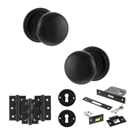 Quality image of Old English Harrogate Door Knob Pack (Lock Set - 3" Latch & Deadlock, 3" Fire Rated Hinges x3) - Matt Black | Sku. adpoe58mmkmb66 | available from Trade Door Handles.
