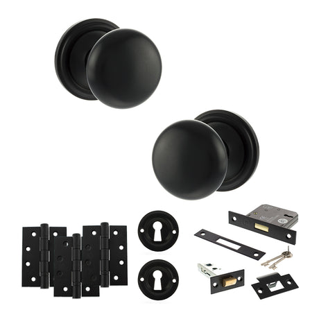 Quality image of Old English Harrogate Door Knob Pack (Lock Set - 3" Latch & Deadlock, 4" Fire Rated Hinges x3) - Matt Black | Sku. adpoe58mmkmb67 | available from Trade Door Handles.
