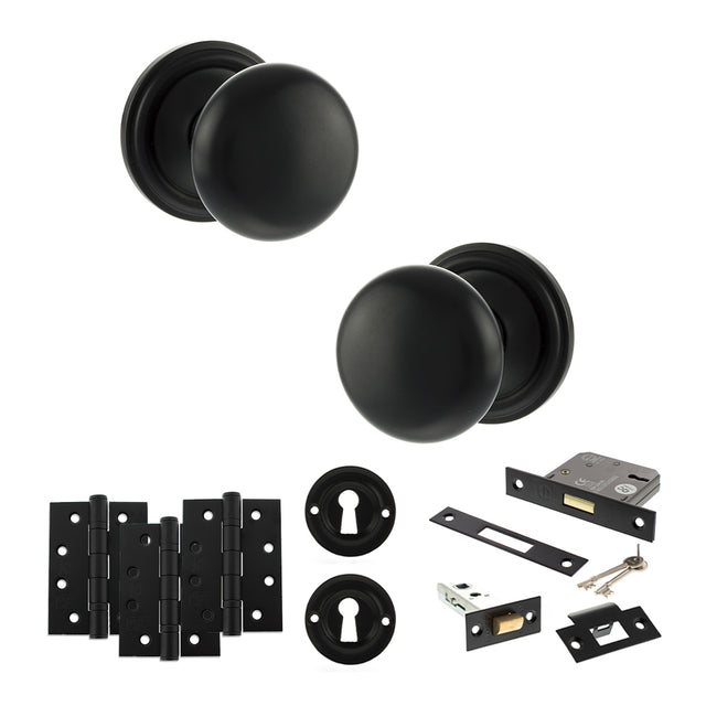 Quality image of Old English Harrogate Door Knob Pack (Lock Set - 3" Latch & Deadlock, 4" Fire Rated Hinges x3) - Matt Black | Sku. adpoe58mmkmb67 | available from Trade Door Handles.