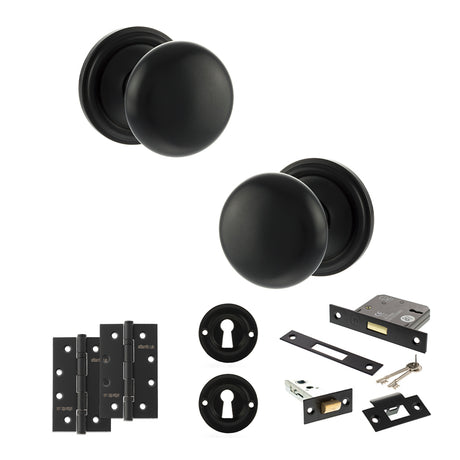Quality image of Old English Harrogate Door Knob Pack (Lock Set - 3" Latch & Deadlock, 4" Slim Knuckle Hinges x2) - Matt Black | Sku. adpoe58mmkmb68 | available from Trade Door Handles.