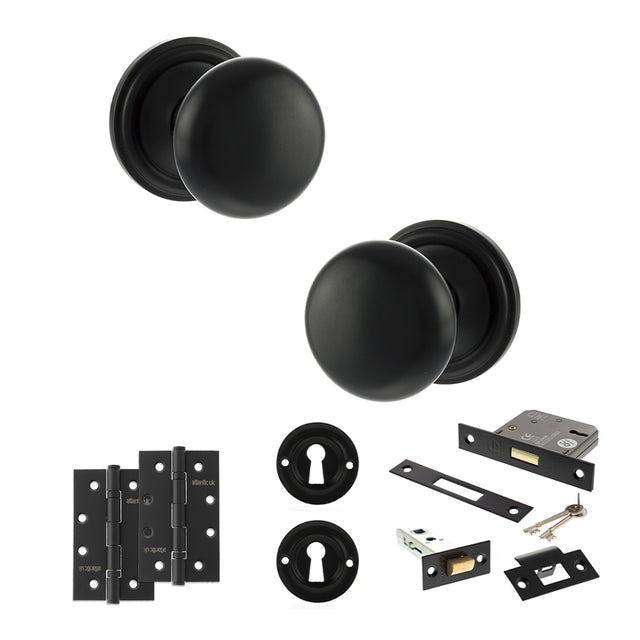 Quality image of Old English Harrogate Door Knob Pack (Lock Set - 3" Latch & Deadlock, 4" Slim Knuckle Hinges x2) - Matt Black | Sku. adpoe58mmkmb68 | available from Trade Door Handles.