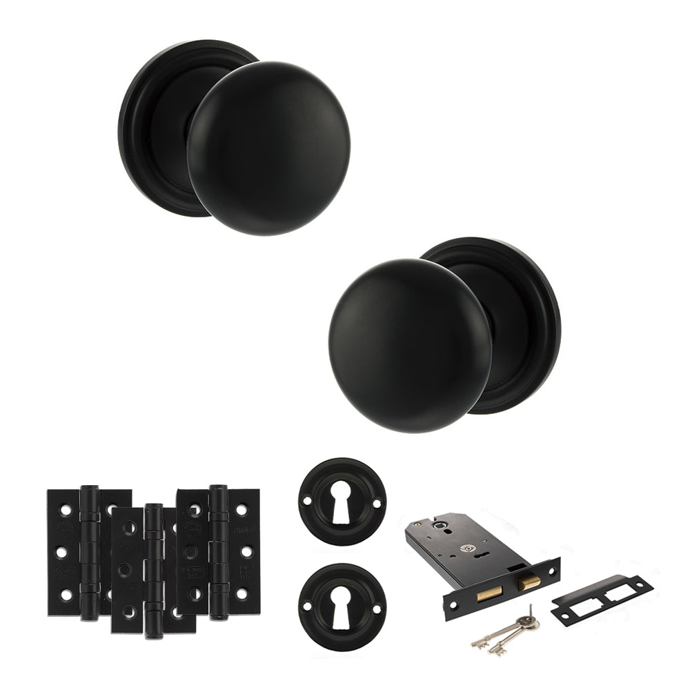 Quality image of Old English Harrogate Door Knob Pack (Lock Set - Horizontal Sashlock, 3" Fire Rated Hinges x3) - Matt Black | Sku. adpoe58mmkmb69 | available from Trade Door Handles.