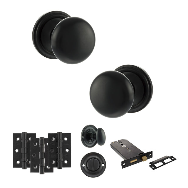 Quality image of Old English Harrogate Door Knob Pack (Lock Set - Horizontal Bathlock, 3" Fire Rated Hinges x3) - Matt Black | Sku. adpoe58mmkmb70 | available from Trade Door Handles.