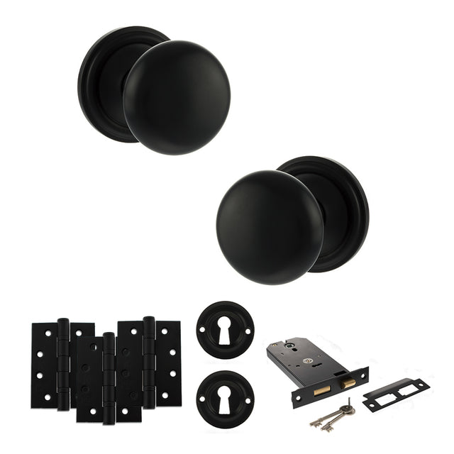 Quality image of Old English Harrogate Door Knob Pack (Lock Set - Horizontal Sashlock, 4" Fire Rated Hinges x3) - Matt Black | Sku. adpoe58mmkmb71 | available from Trade Door Handles.
