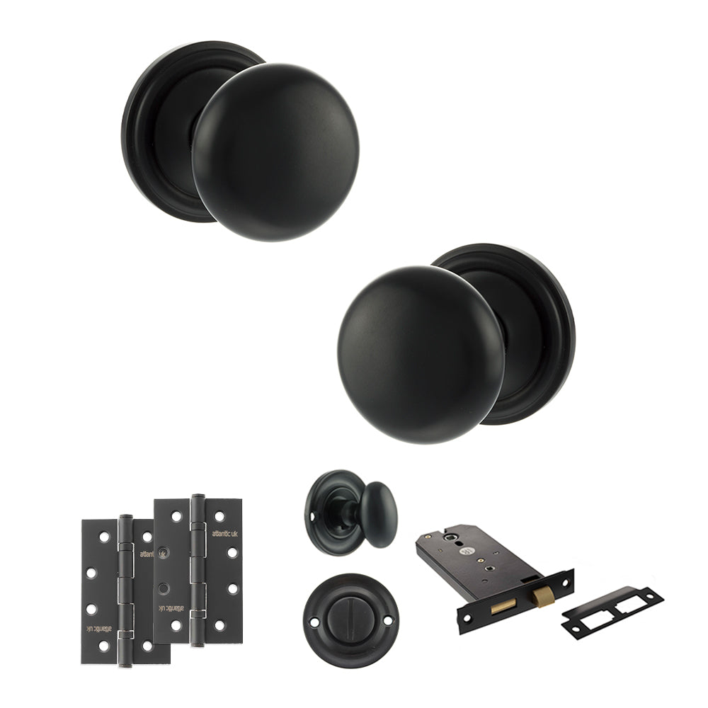 Quality image of Old English Harrogate Door Knob Pack (Lock Set - Horizontal Bathlock, 4" Slim Knuckle Hinges x2) - Matt Black | Sku. adpoe58mmkmb74 | available from Trade Door Handles.