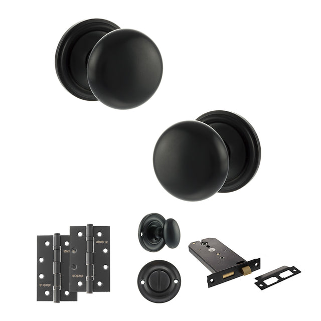 Quality image of Old English Harrogate Door Knob Pack (Lock Set - Horizontal Bathlock, 4" Slim Knuckle Hinges x2) - Matt Black | Sku. adpoe58mmkmb74 | available from Trade Door Handles.