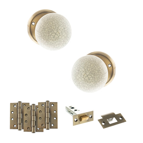 Quality image of Old English Skipton Door Knob Pack (Latch Set - 3" HD Latch, 4" Fire Rated Hinges x3) - Antique Brass | Sku. adpoe59cmkcab56 | available from Trade Door Handles.