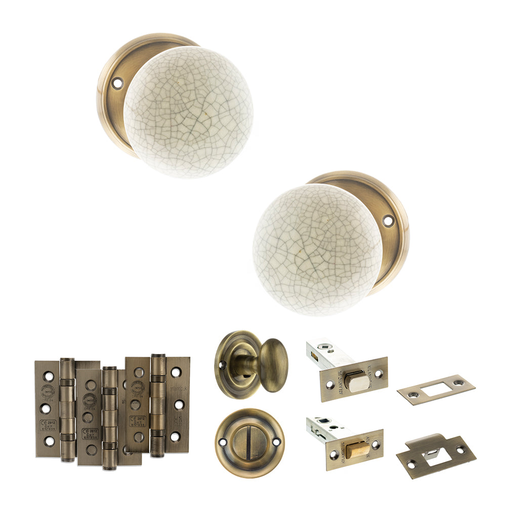 Quality image of Old English Skipton Door Knob Pack (Bathroom Set - 4" Deadbolt, 3" Fire Rated Hinges x3) - Antique Brass | Sku. adpoe59cmkcab61 | available from Trade Door Handles.