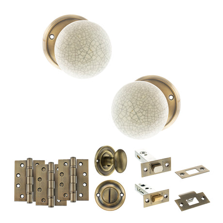 Quality image of Old English Skipton Door Knob Pack (Bathroom Set - 3" Deadbolt, 4" Fire Rated Hinges x3) - Antique Brass | Sku. adpoe59cmkcab62 | available from Trade Door Handles.