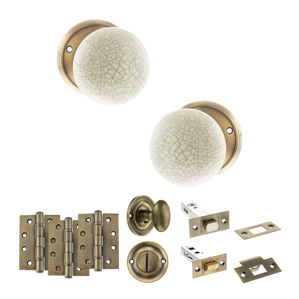 Quality image of Old English Skipton Door Knob Pack (Bathroom Set - 4" Deadbolt, 4" Fire Rated Hinges x3) - Antique Brass | Sku. adpoe59cmkcab63 | available from Trade Door Handles.