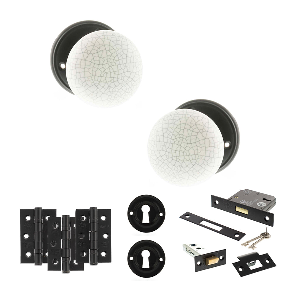 Quality image of Old English Skipton Door Knob Pack (Lock Set - 3" Latch & Deadlock, 3" Fire Rated Hinges x3) - Matt Black | Sku. adpoe59cmkwhmb66 | available from Trade Door Handles.